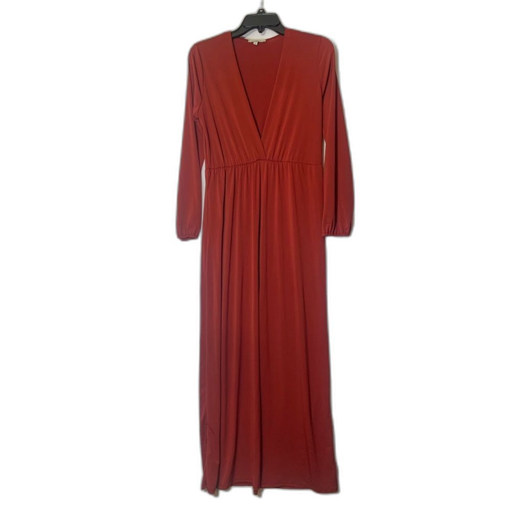 Maxi Dress. Women. XS. Long Sleeve. V-Neck Rust Orange. Stretch